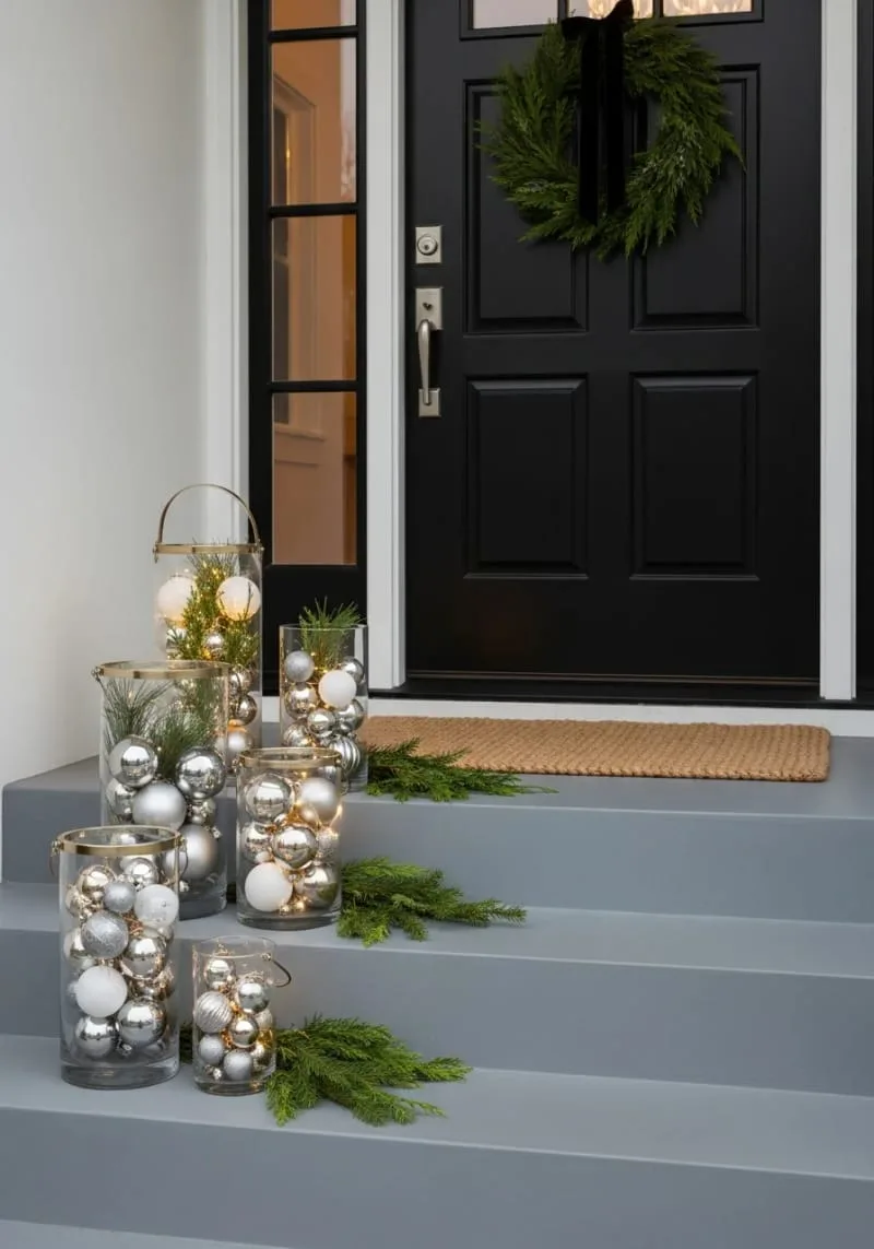 glass lanterns filled with ornaments and greenery on the porch steps 1