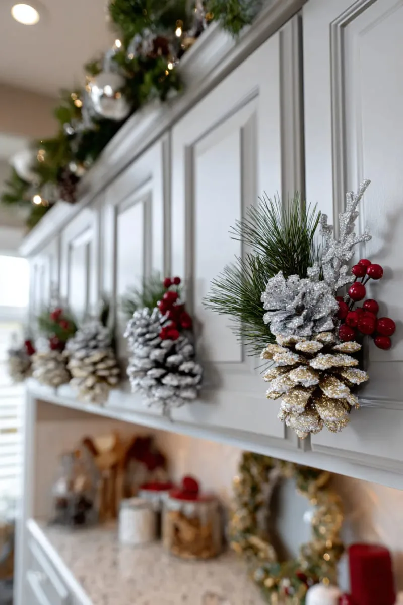 glittered pinecone clusters taped to corners of cabinet doors 1
