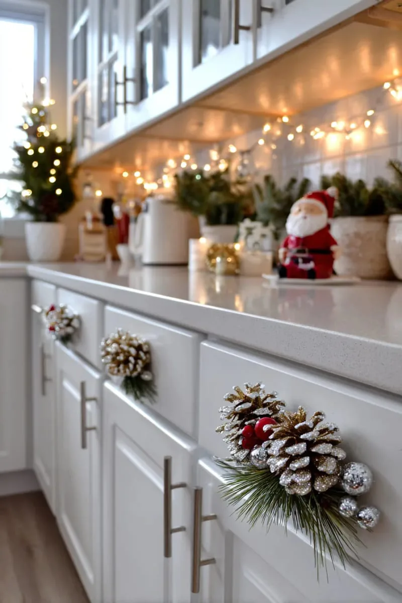 glittered pinecone clusters taped to corners of cabinet doors 1