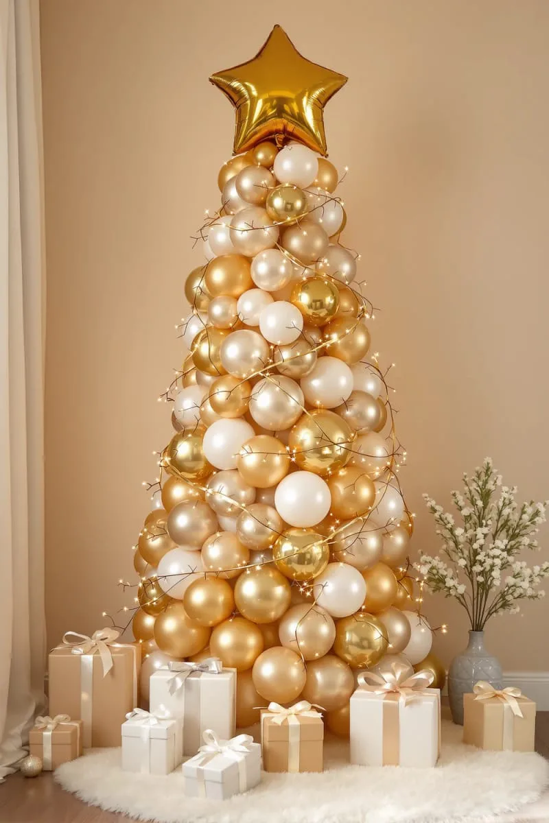 21 Christmas Balloon Decor Ideas for a Fun and Festive Holiday 14 gold and pearl white balloon christmas tree for elegant, neutral decor 1