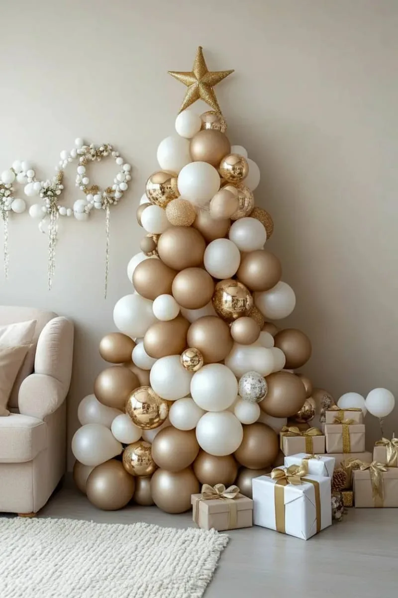 21 Christmas Balloon Decor Ideas for a Fun and Festive Holiday 15 gold and pearl white balloon christmas tree for elegant, neutral decor 1
