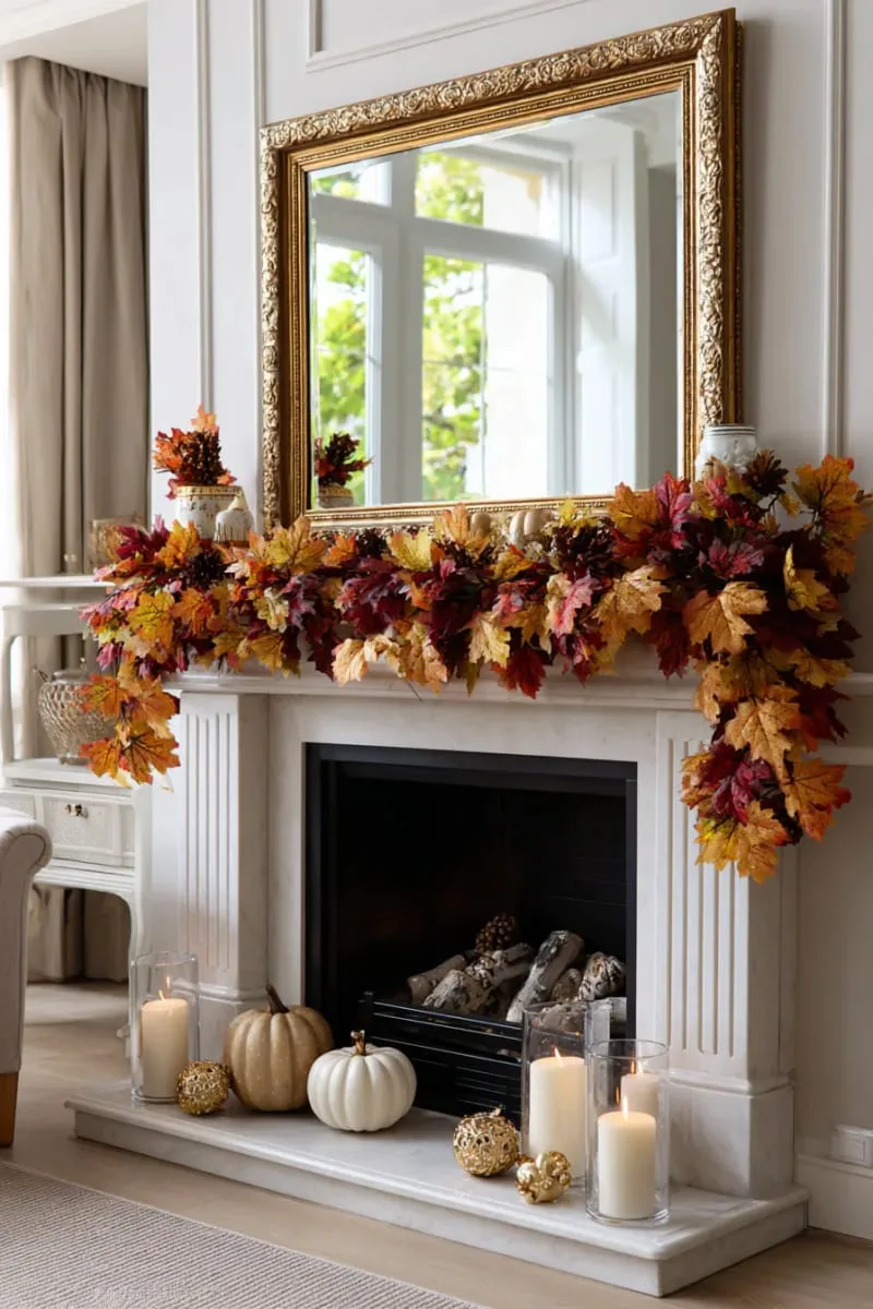 gold-rimmed mirror above fireplace with garland of fall leaves 1