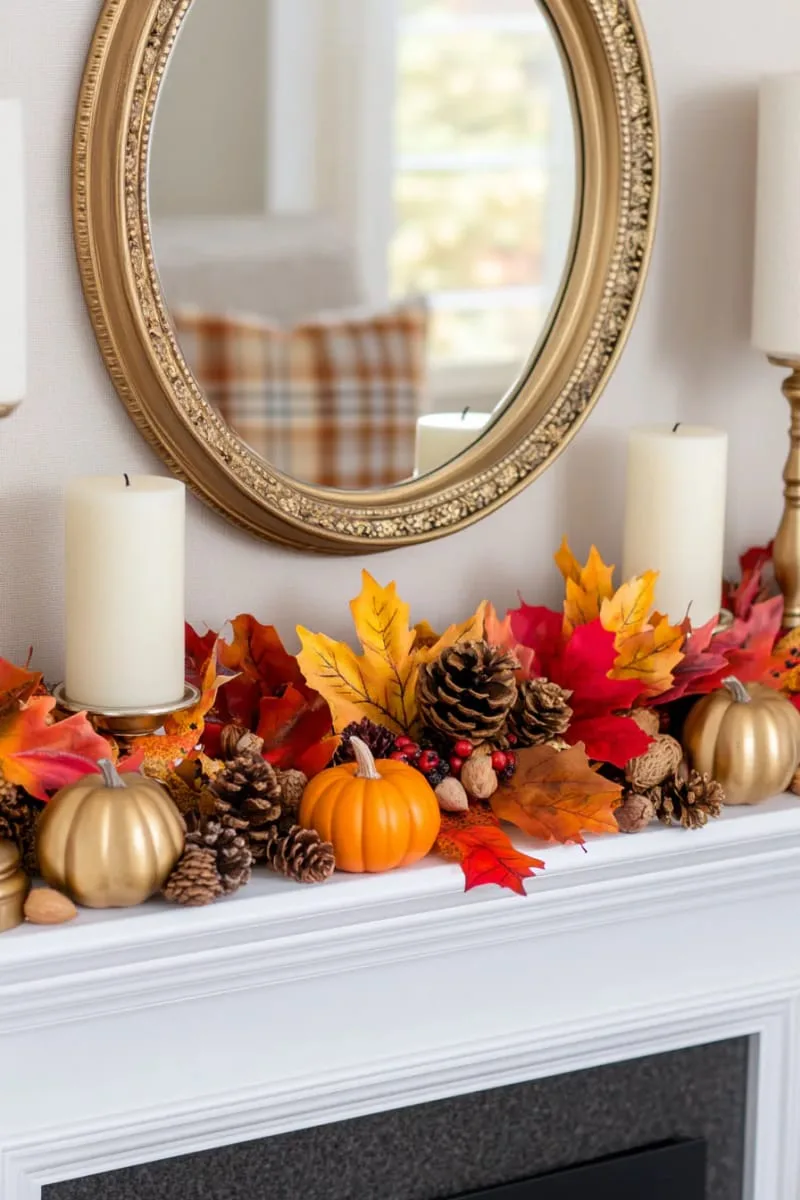 gold-rimmed mirror above fireplace with garland of fall leaves 1