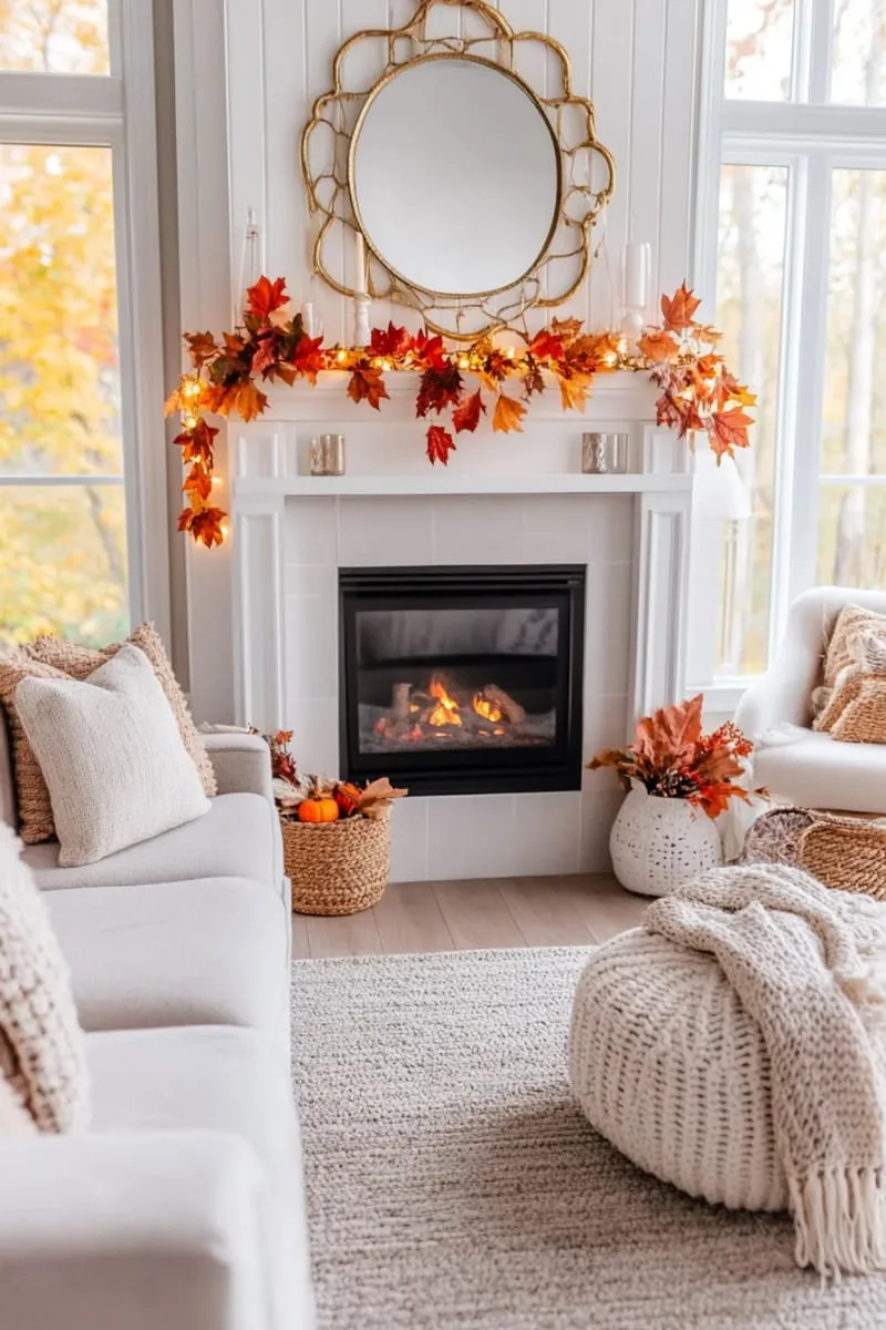 gold-rimmed mirror above fireplace with garland of fall leaves 1