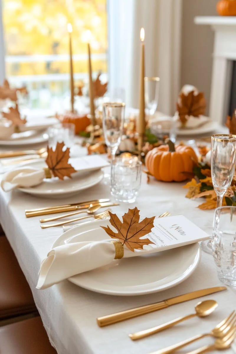 golden leaf napkin rings and personalized menu cards for each guest 1