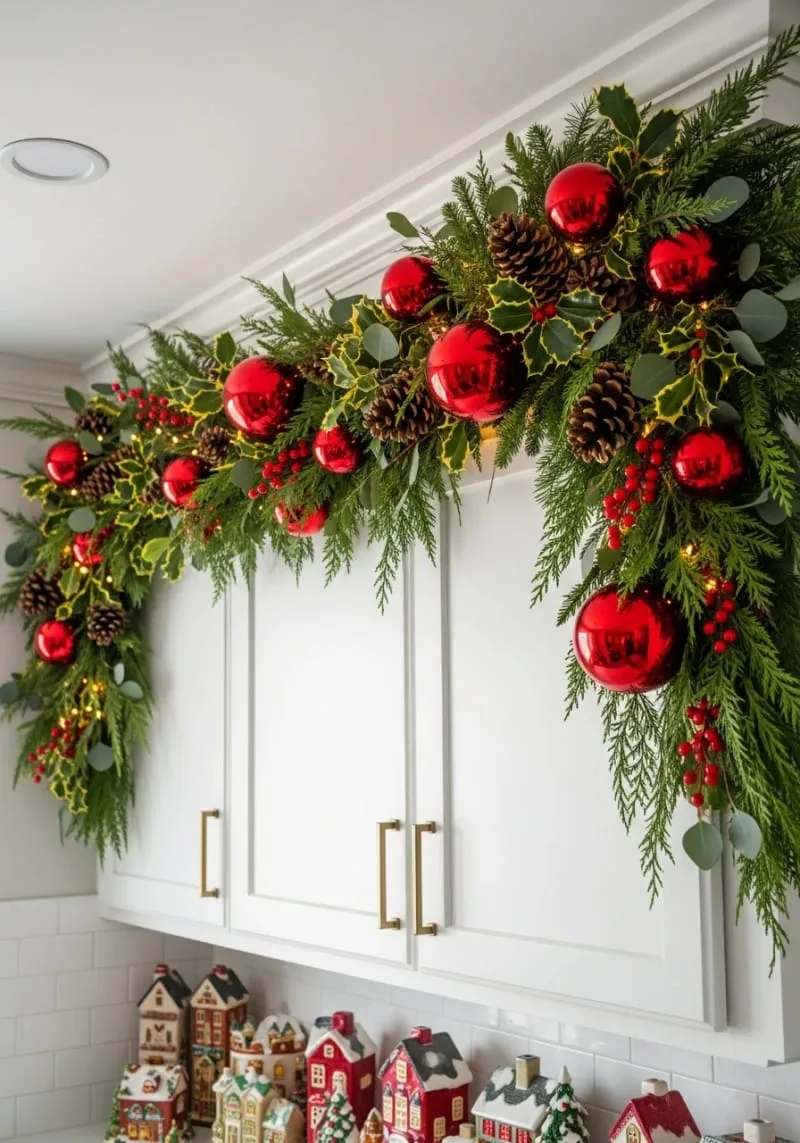 greenery swag with classic red ornaments above cabinet crown molding 1