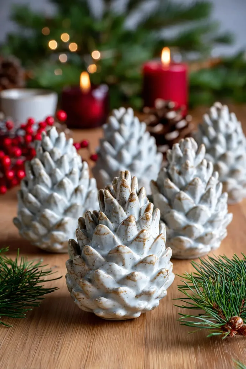 hand-built pottery pinecones dusted with white glaze for snowy effect 1