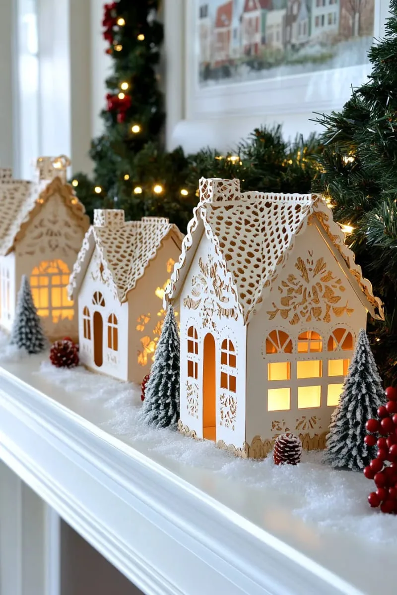 hand-cut paper gingerbread house village with glowing led lights 1