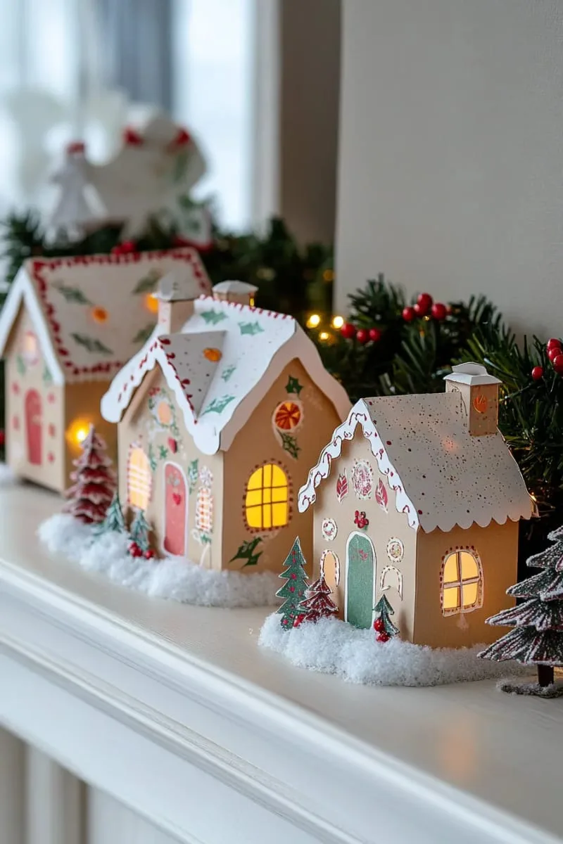 hand-cut paper gingerbread house village with glowing led lights 1