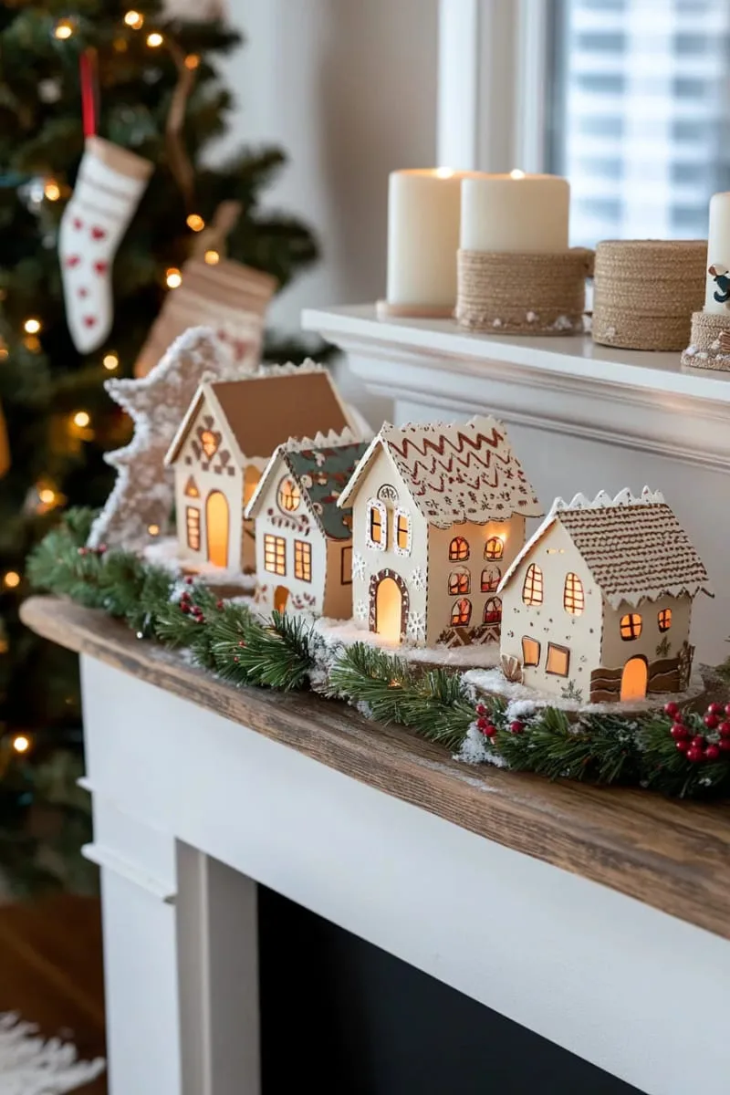 hand-cut paper gingerbread house village with glowing led lights 1