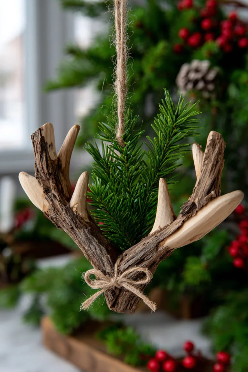 21 Wooden Christmas Ornament Ideas for a Warm and Natural Holiday Decor 51 hand-cut wood reindeer antlers ornament with jute bow and pine sprig 1