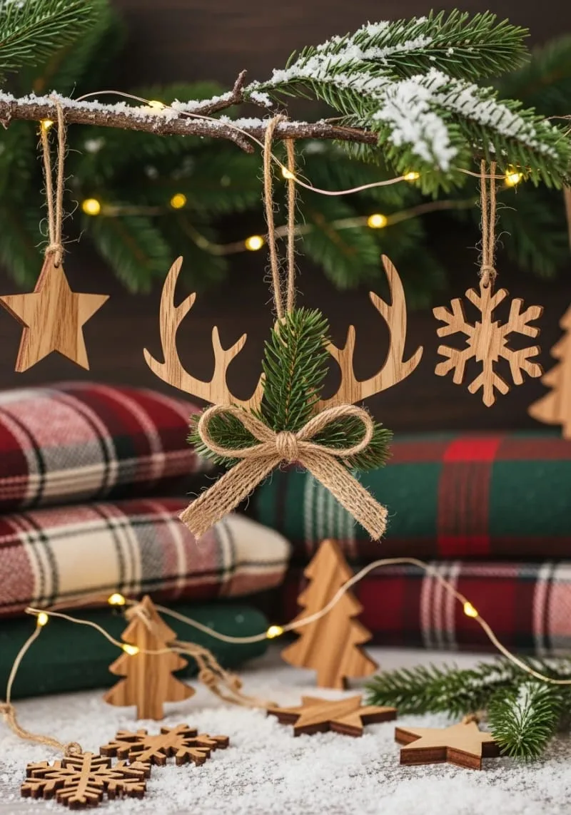 hand-cut wood reindeer antlers ornament with jute bow and pine sprig 1