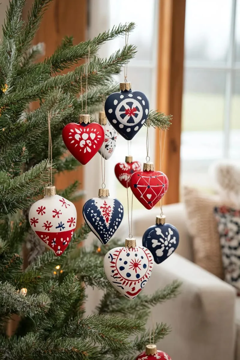 hand-painted folk art ornaments in red, white, and blue nordic motifs 1
