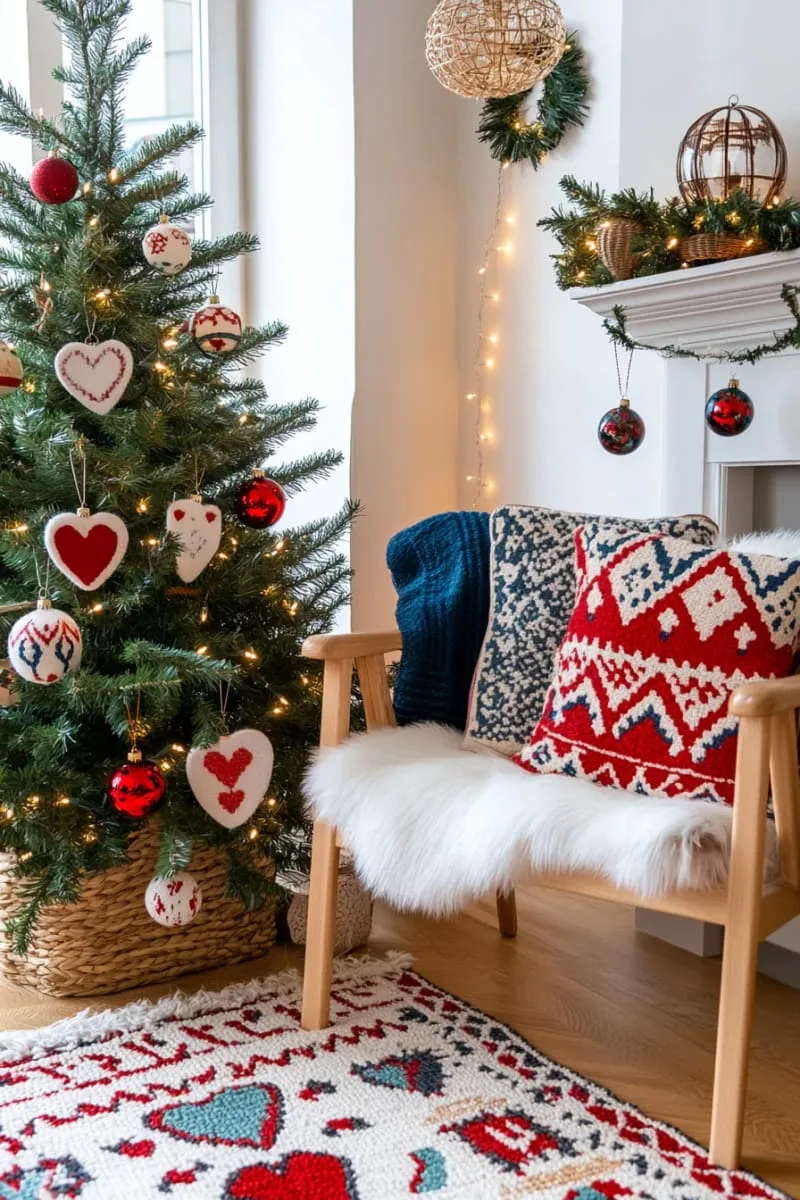 hand-painted folk art ornaments in red, white, and blue nordic motifs 1