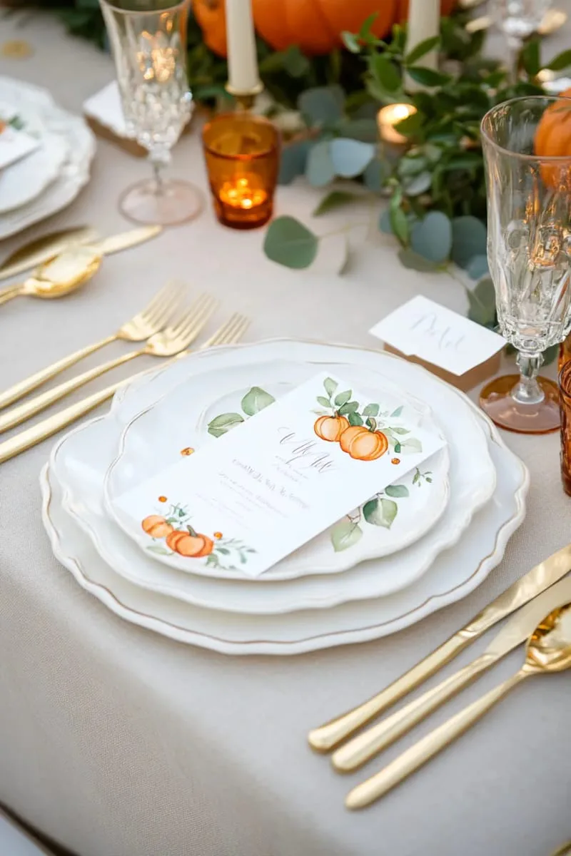 hand-painted menu cards with watercolor pumpkins at each seat 1