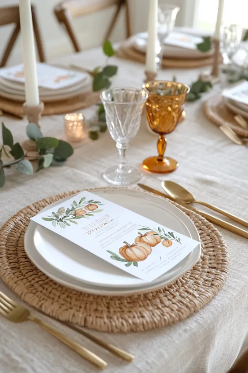 hand-painted menu cards with watercolor pumpkins at each seat 1