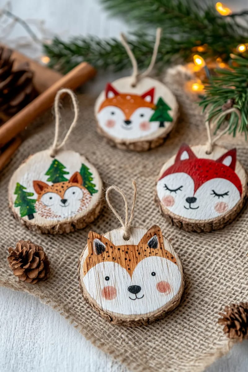 21 Wooden Christmas Ornament Ideas for a Warm and Natural Holiday Decor 3 hand-painted woodland animal wood slice ornaments with rustic twine hangers 1