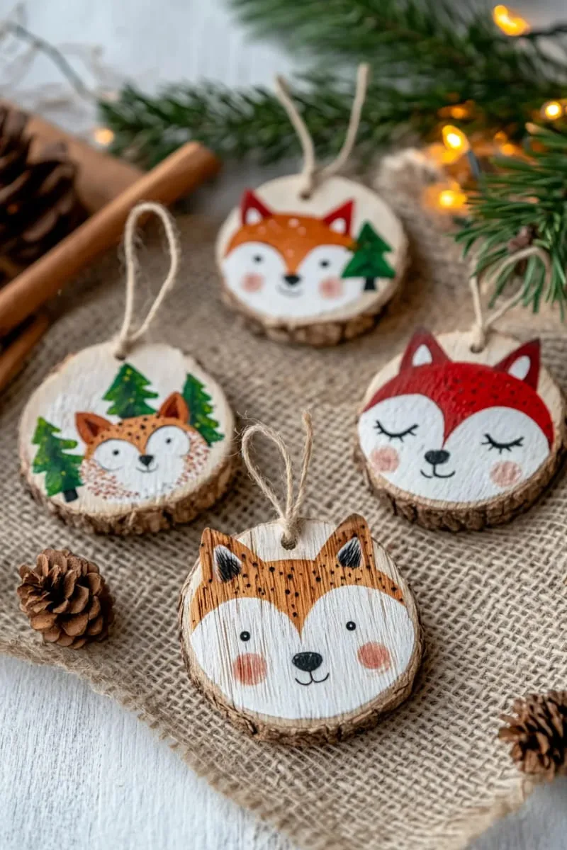 hand-painted woodland animal wood slice ornaments with rustic twine hangers 1