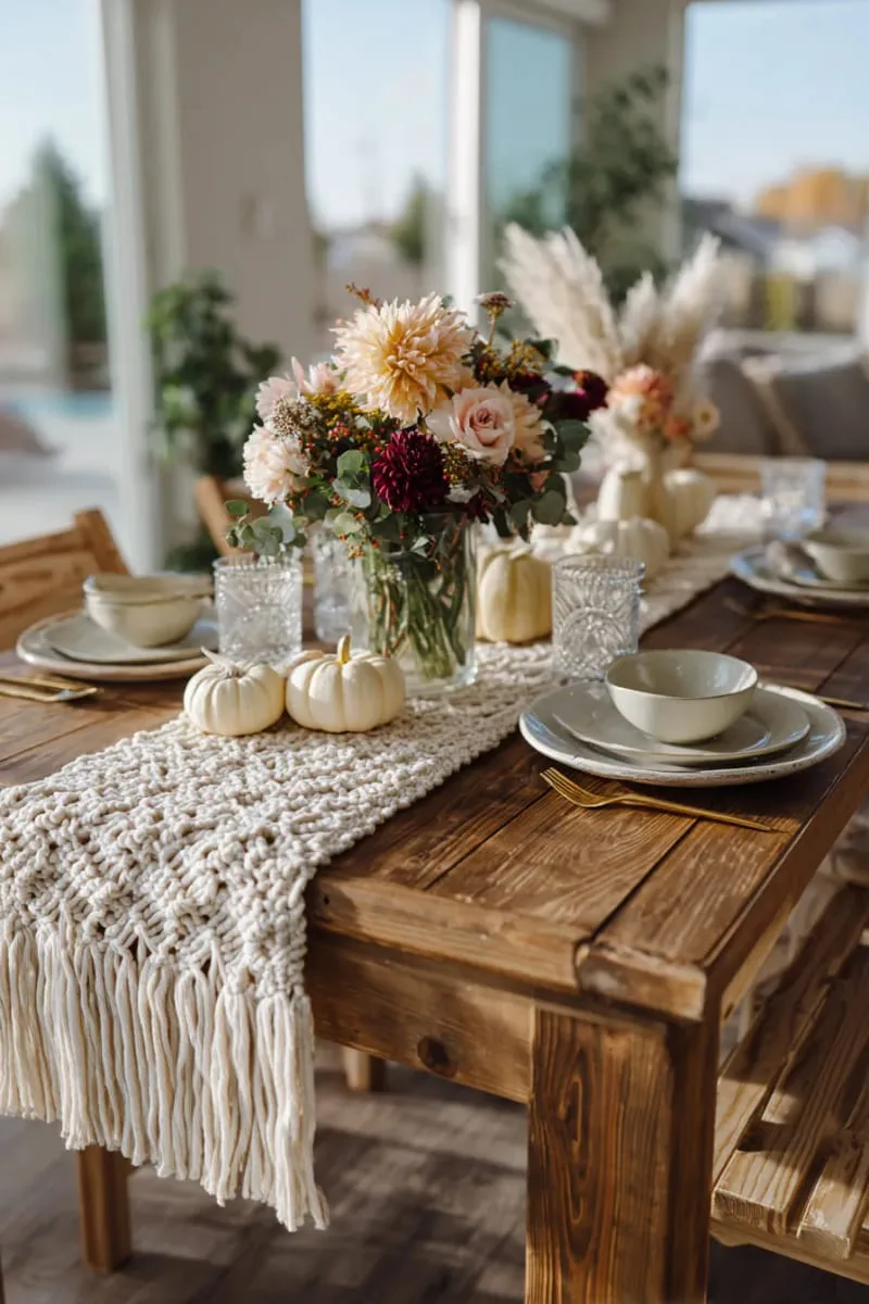 handcrafted macramé table runner with muted autumn florals 1