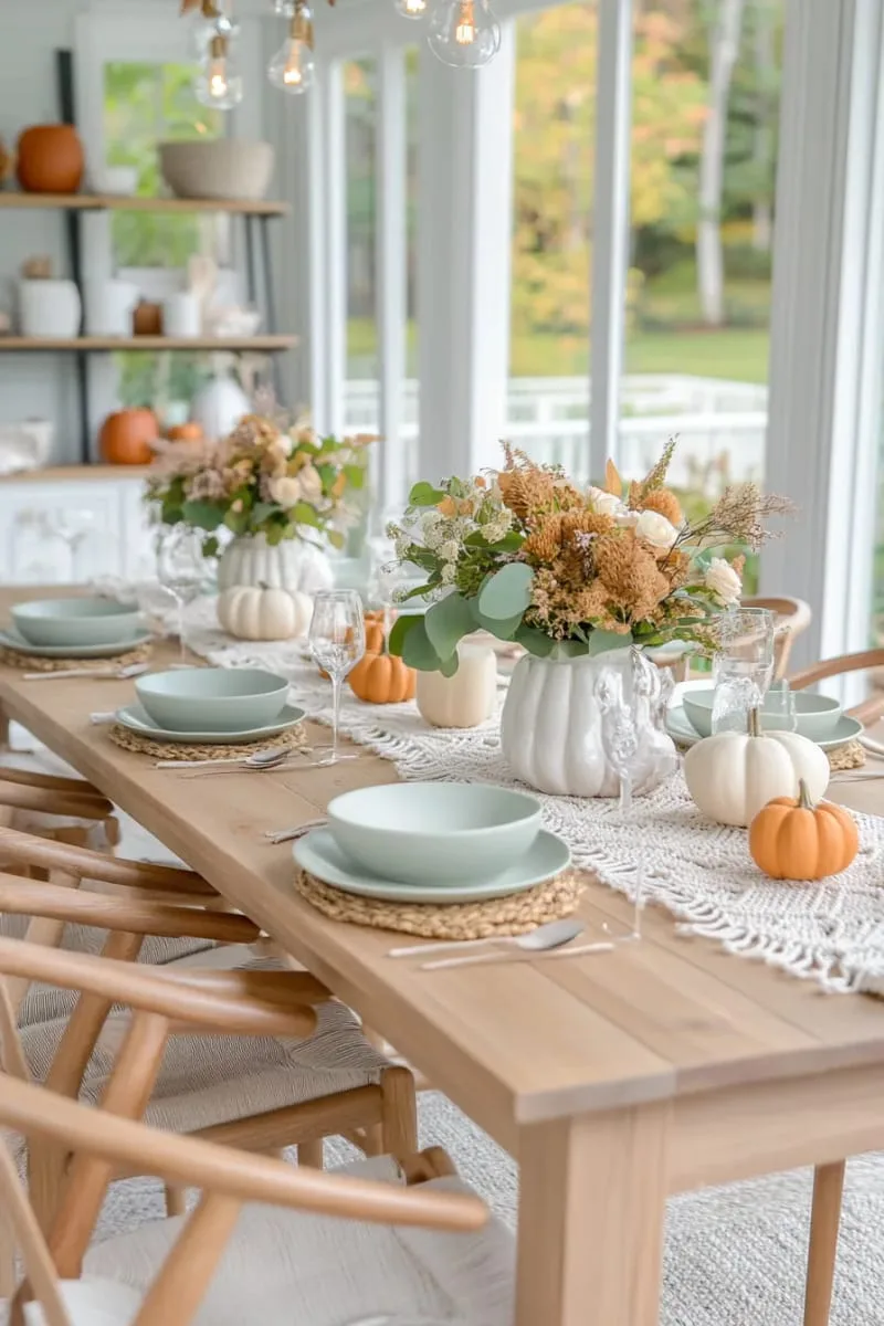 handcrafted macramé table runner with muted autumn florals 1