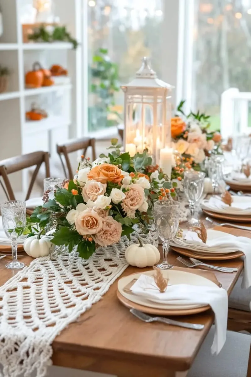 handcrafted macramé table runner with muted autumn florals 1