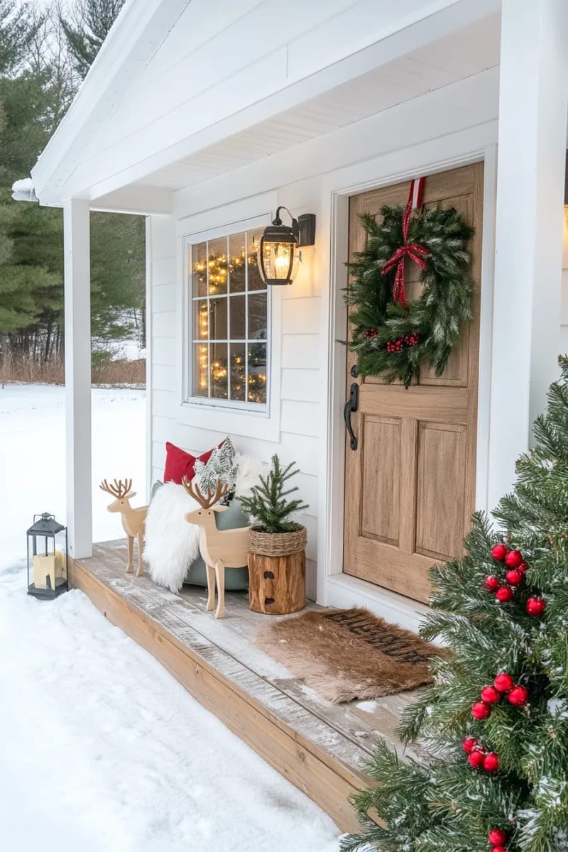 handmade wooden reindeer displayed alongside snowy potted evergreens 1