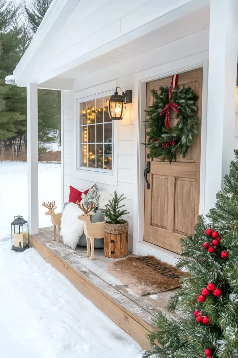 15 She Shed Christmas Decor Ideas For A Unique Winter Wonderland 17 handmade wooden reindeer displayed alongside snowy potted evergreens 1