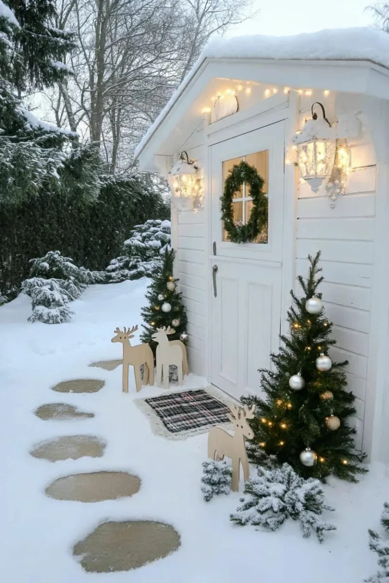 15 She Shed Christmas Decor Ideas For A Unique Winter Wonderland 18 handmade wooden reindeer displayed alongside snowy potted evergreens 1