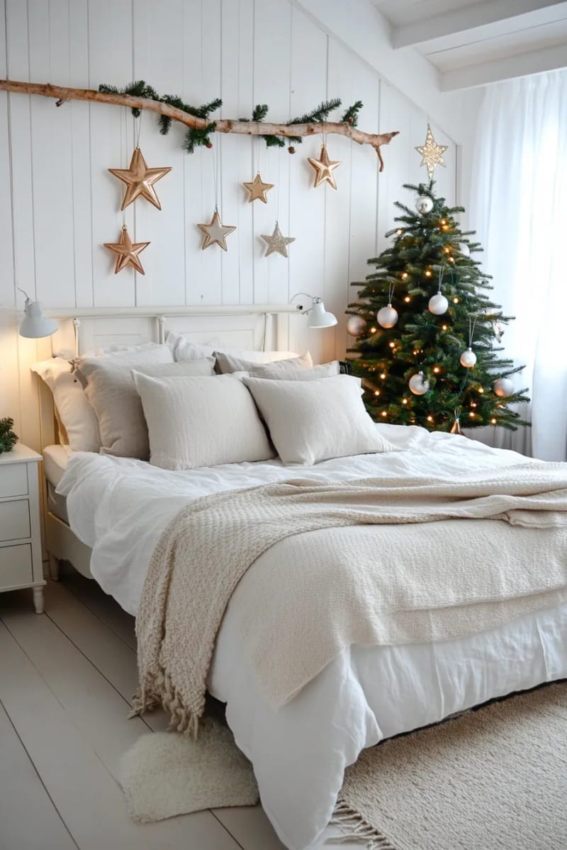 hang a cluster of metallic stars above the bed for a dreamy holiday look. 1