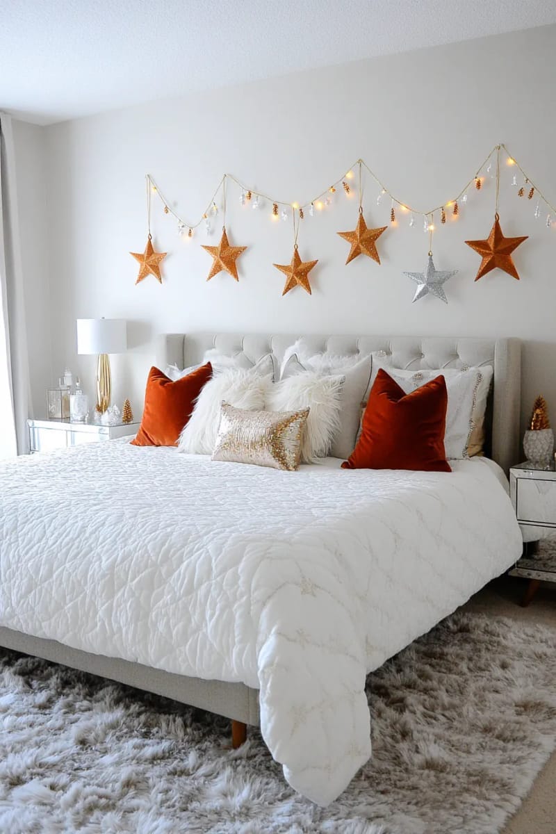 hang a cluster of metallic stars above the bed for a dreamy holiday look. 1