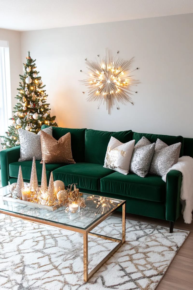 hang metallic starburst wall art above a velvet sofa for festive glam. 1