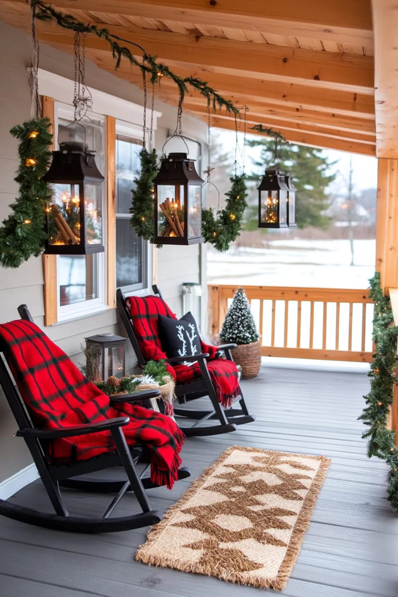 hanging lanterns from porch beams filled with cinnamon sticks and faux snow 1