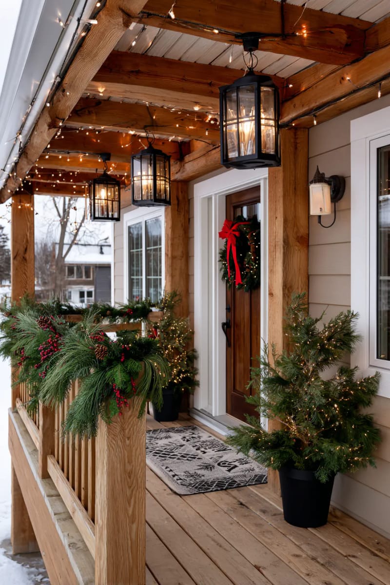 hanging lanterns from porch beams filled with cinnamon sticks and faux snow 1