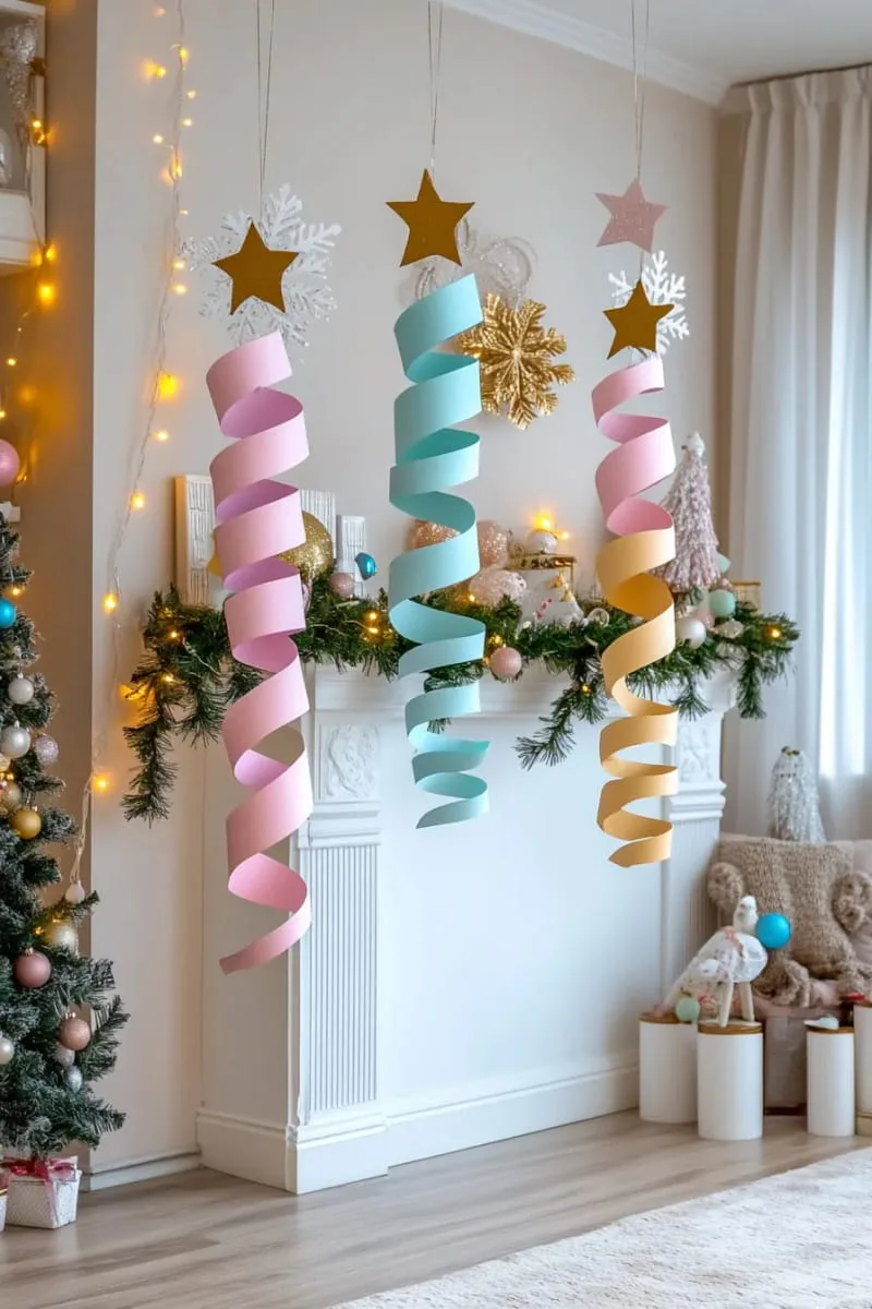 hanging paper spiral ornaments in metallic and pastel shades 1