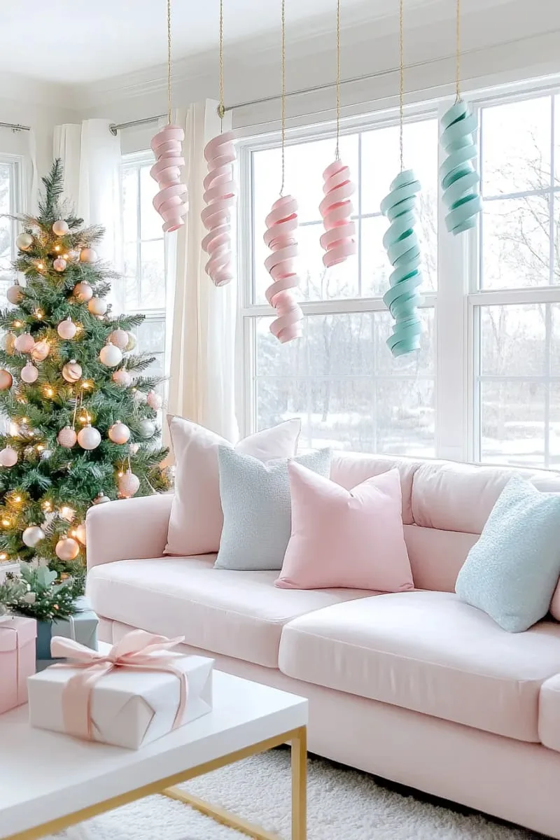 hanging paper spiral ornaments in metallic and pastel shades 1