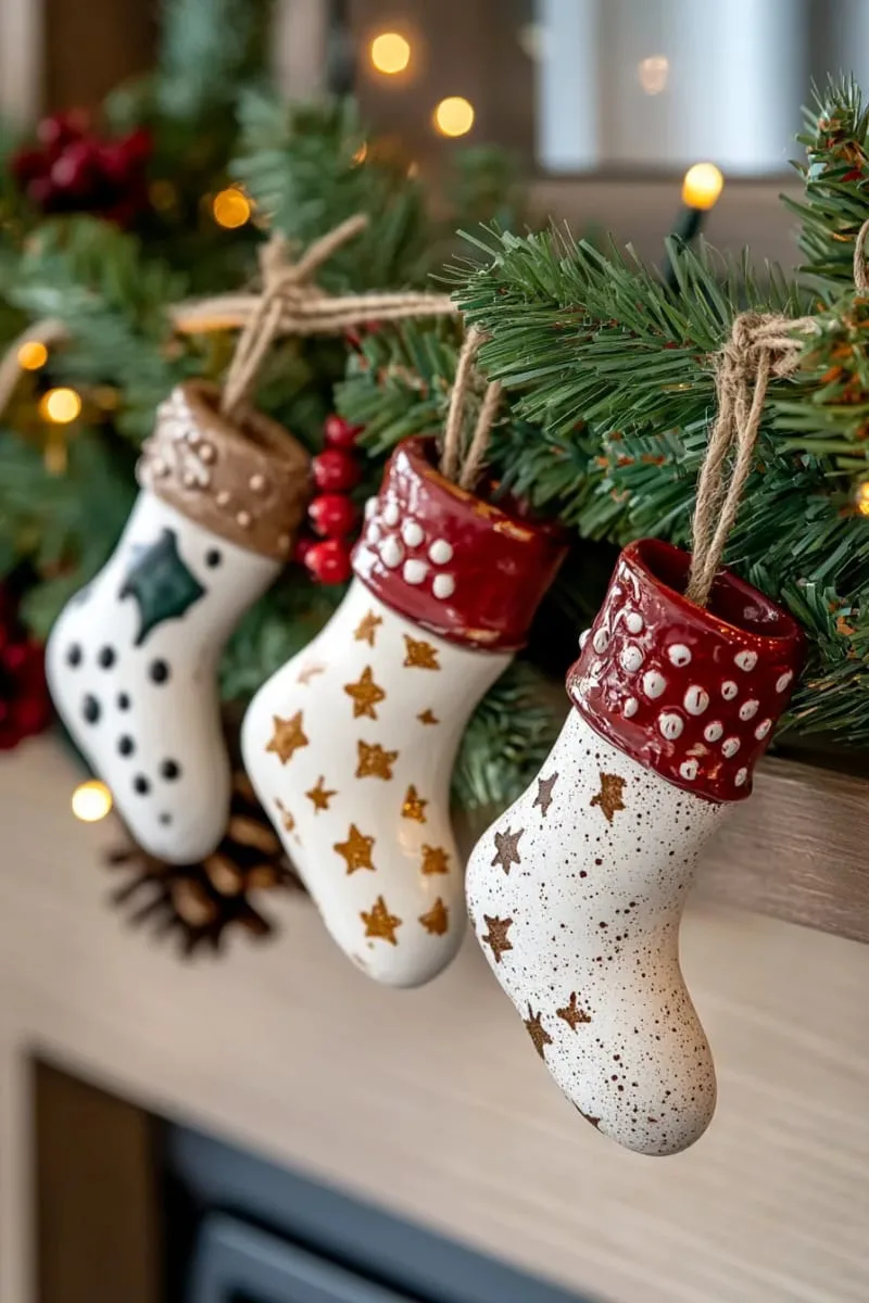hanging pottery ornaments shaped like mittens, stars, and reindeer heads 1