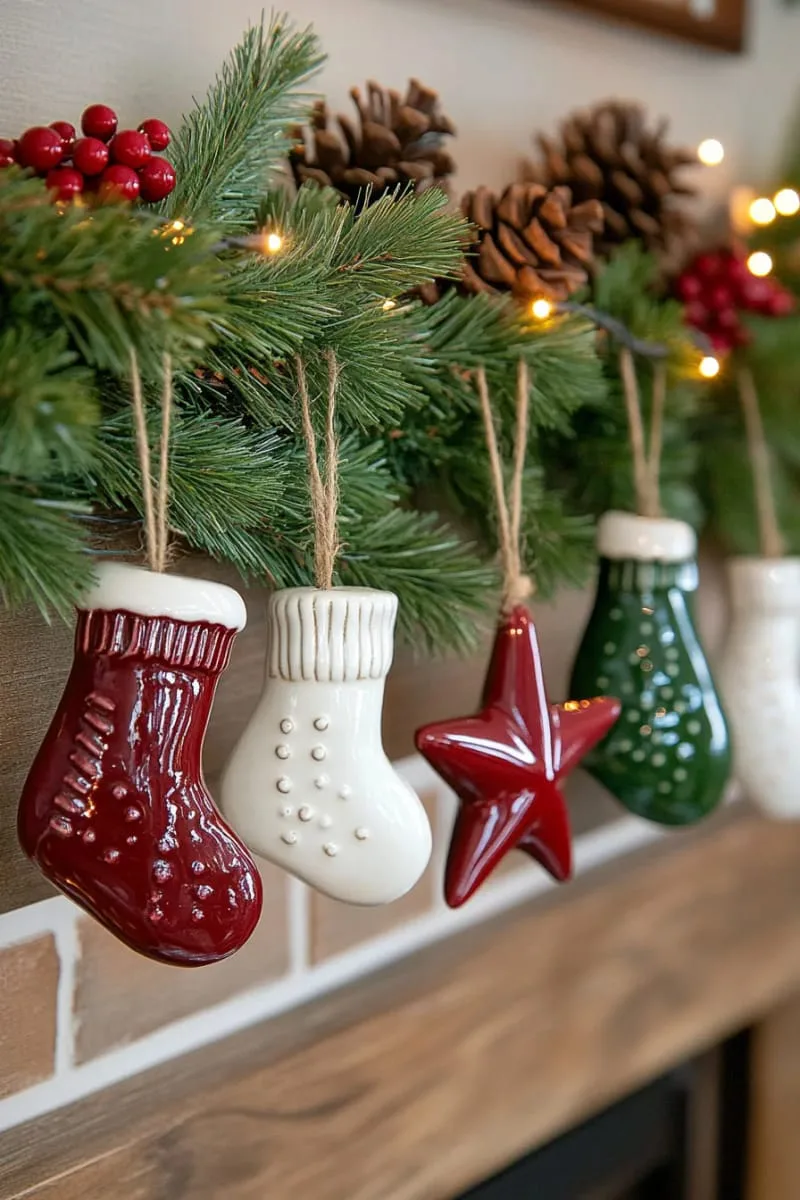 hanging pottery ornaments shaped like mittens, stars, and reindeer heads 1