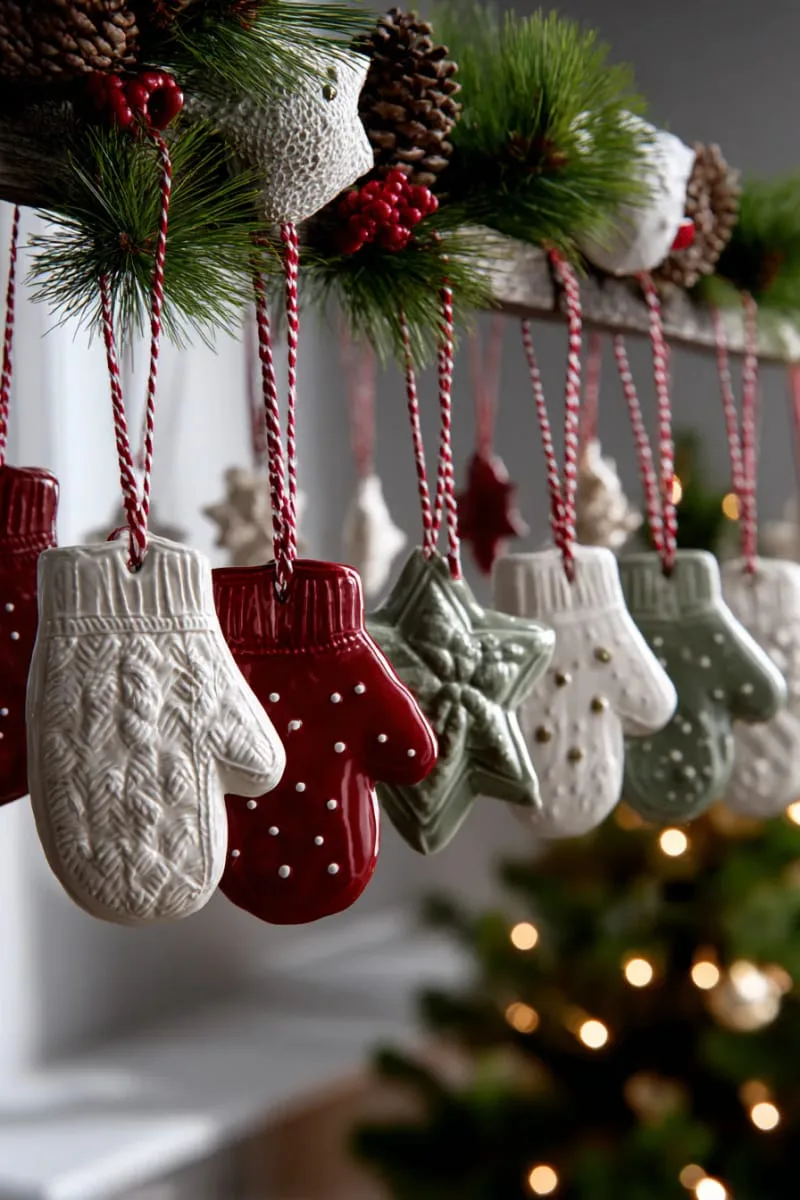 hanging pottery ornaments shaped like mittens, stars, and reindeer heads 1