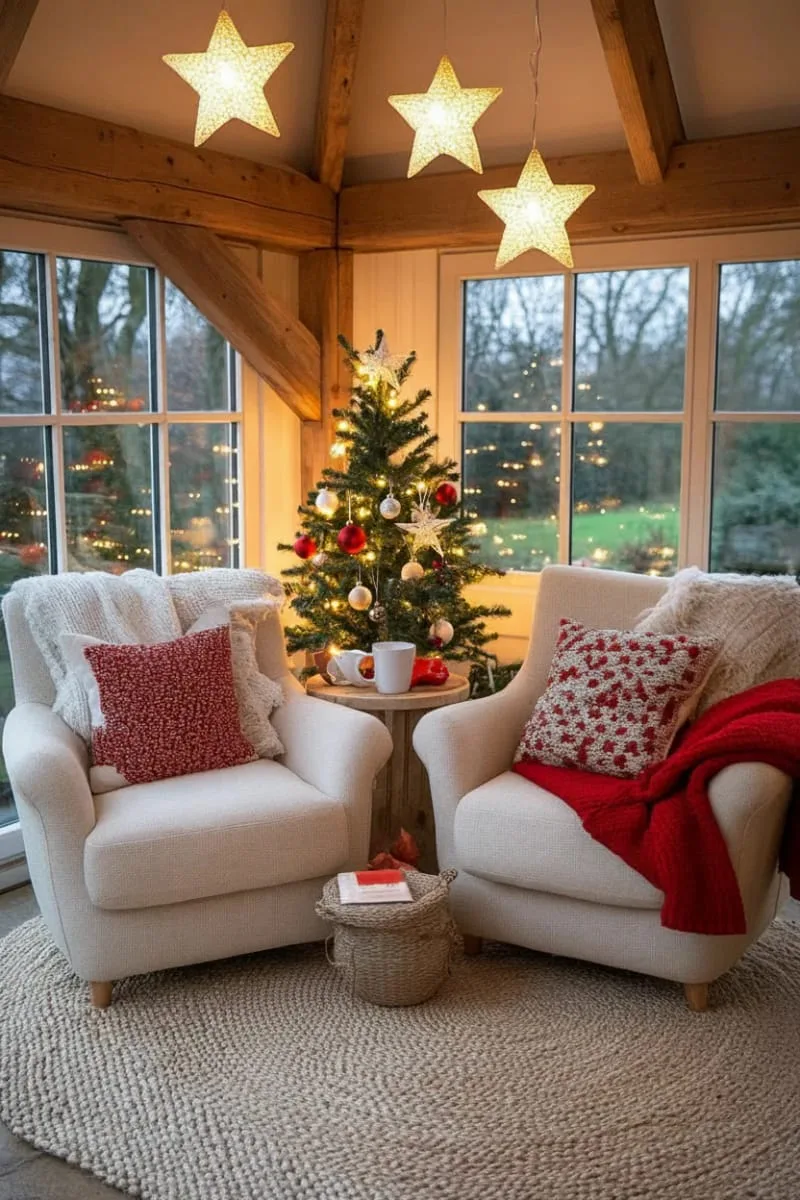 15 She Shed Christmas Decor Ideas For A Unique Winter Wonderland 23 hanging star lights in the windows for a magical, starry ambiance 1