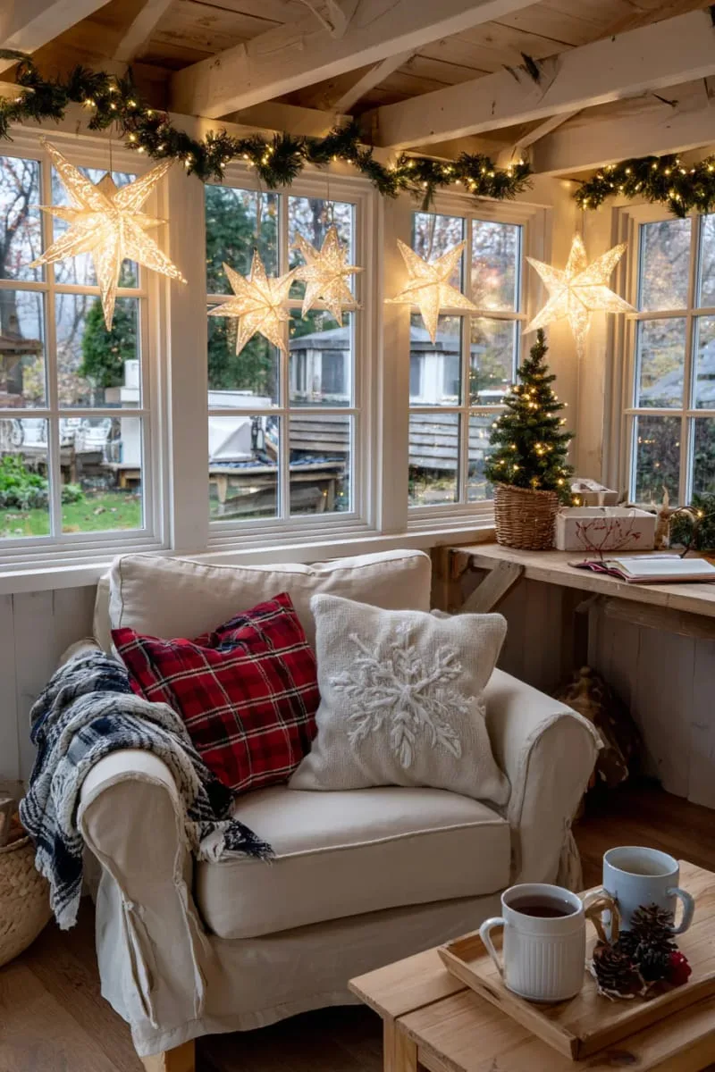 15 She Shed Christmas Decor Ideas For A Unique Winter Wonderland 24 hanging star lights in the windows for a magical, starry ambiance 1