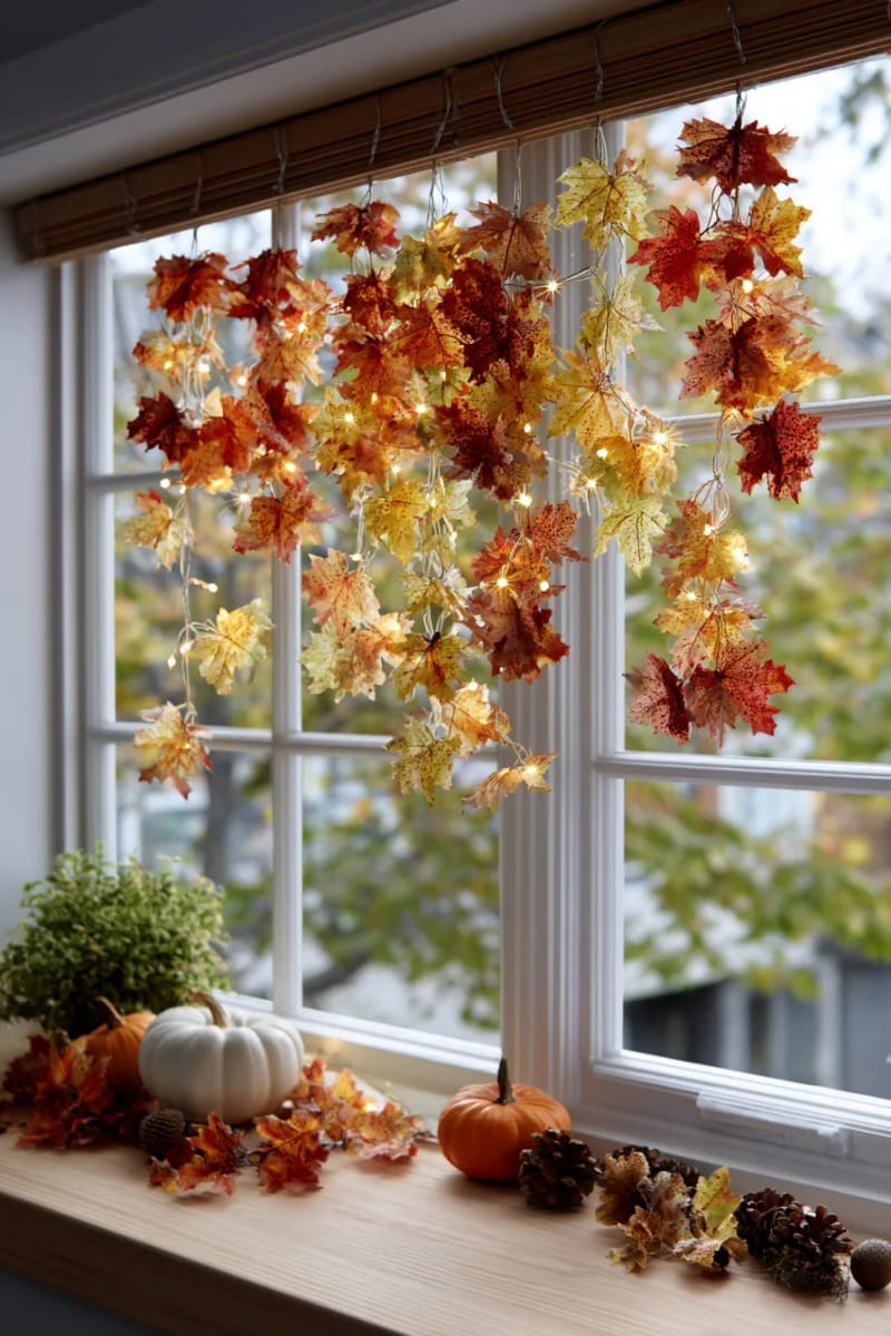 hanging window display of autumn leaves and twinkle lights 1