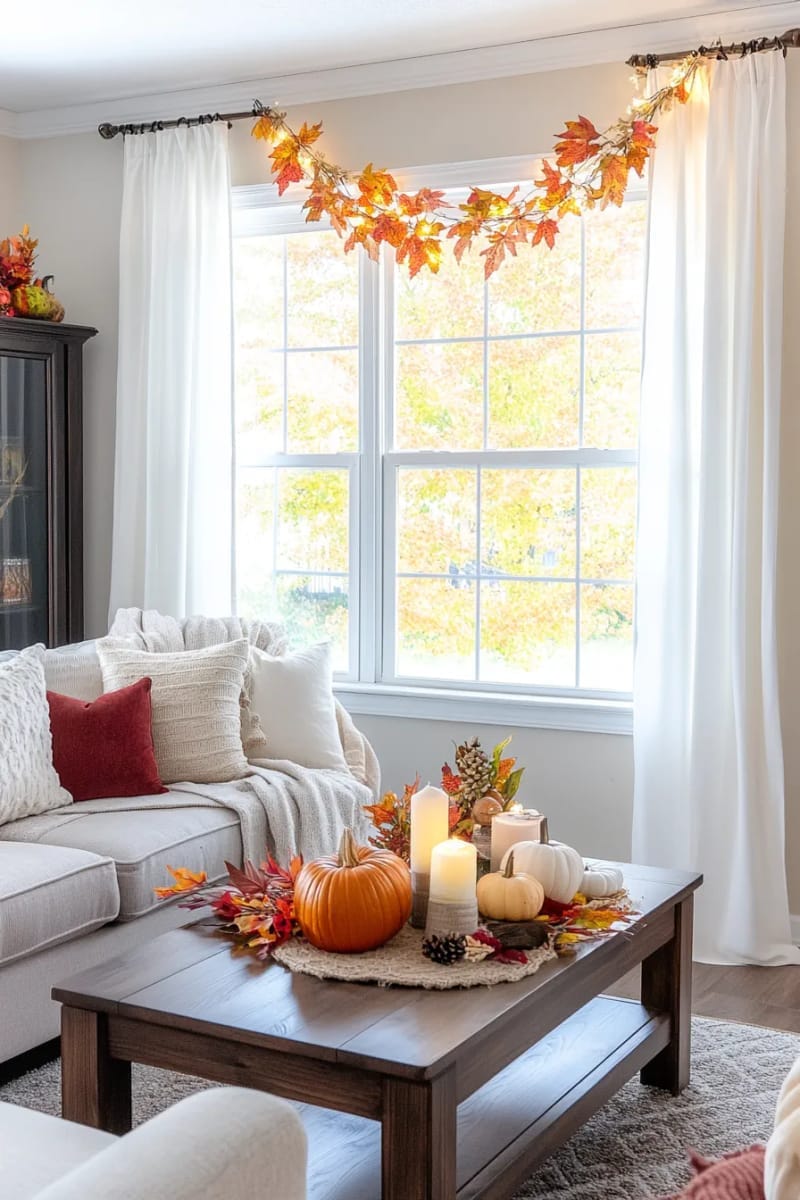 hanging window display of autumn leaves and twinkle lights 1