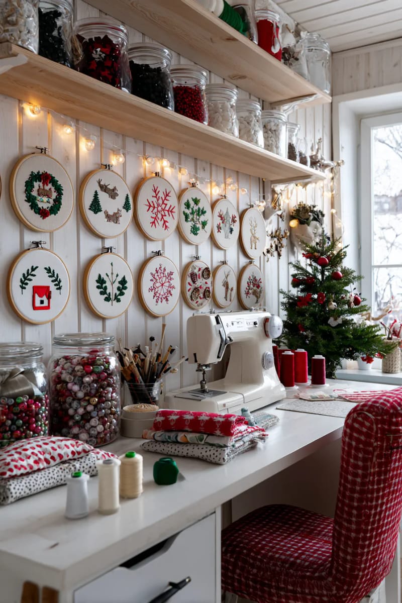 holiday motif embroidery hoops displayed gallery-style on the wall 1
