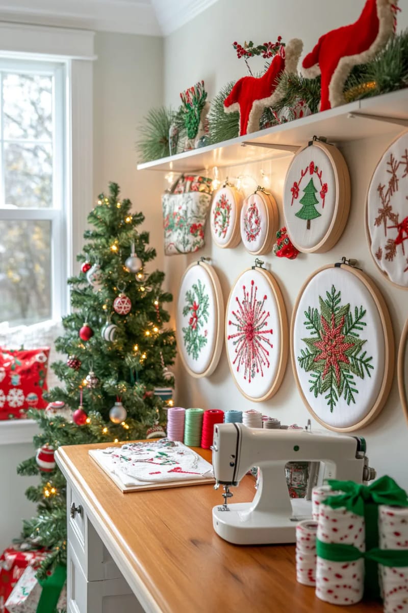 holiday motif embroidery hoops displayed gallery-style on the wall 1