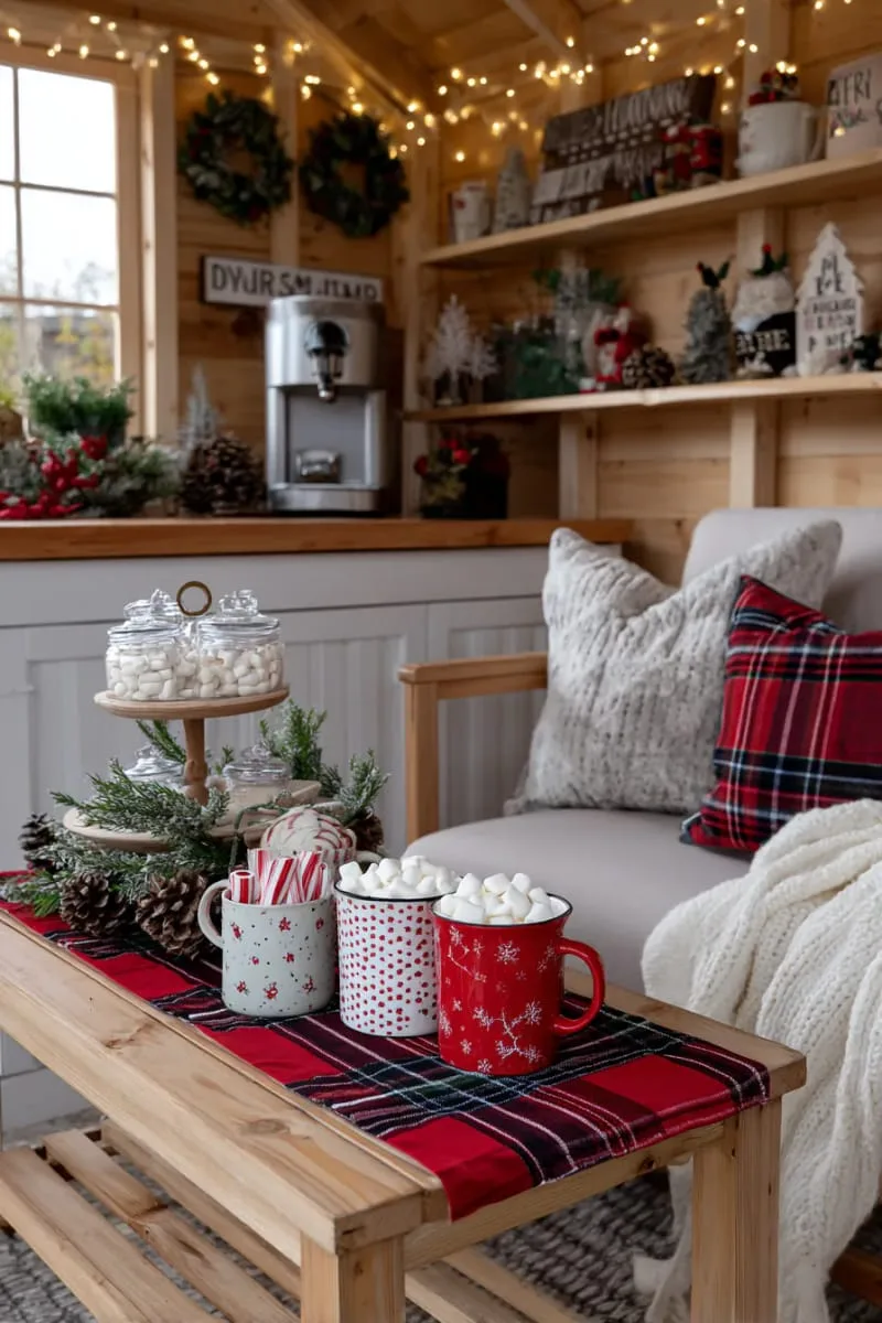 15 She Shed Christmas Decor Ideas For A Unique Winter Wonderland 30 hot cocoa bar corner with festive mugs, candy canes, and marshmallows 1