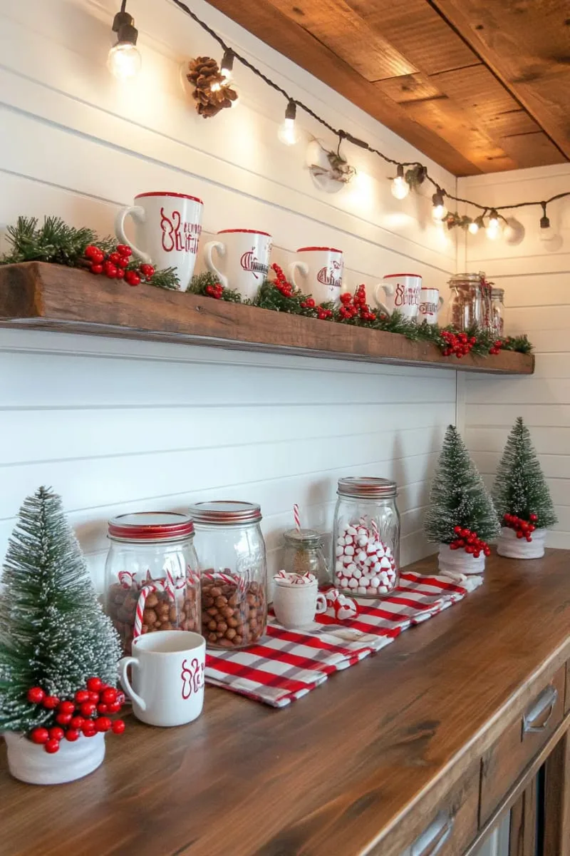 15 She Shed Christmas Decor Ideas For A Unique Winter Wonderland 31 hot cocoa bar corner with festive mugs, candy canes, and marshmallows 1