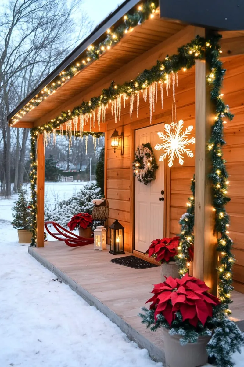 15 She Shed Christmas Decor Ideas For A Unique Winter Wonderland 21 icicle lights and a glowing snowflake above the she shed door 1