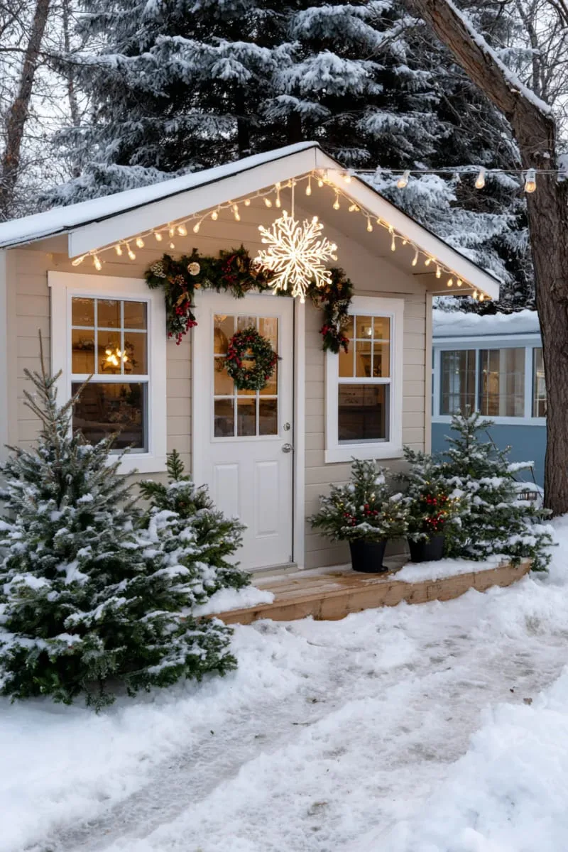 15 She Shed Christmas Decor Ideas For A Unique Winter Wonderland 22 icicle lights and a glowing snowflake above the she shed door 1