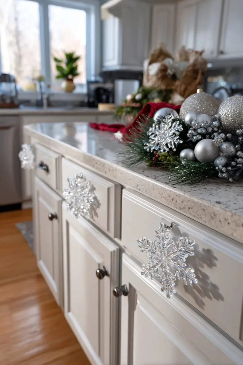 icy snowflake ornaments dangling from cabinet knobs 1