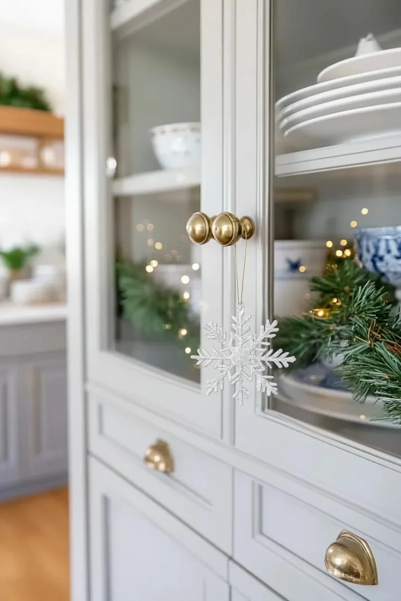 icy snowflake ornaments dangling from cabinet knobs 1